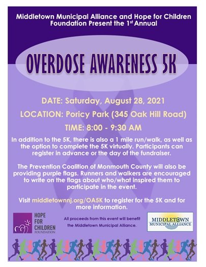 Overdose Awareness 5K on 8/28 from 8 - 9:30 AM
