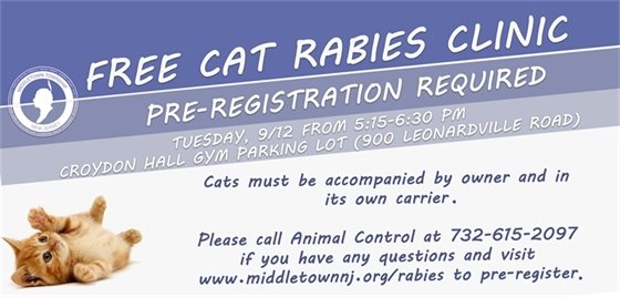 Pre-register for a free cat rabies clinic happening on Tuesday, 9/12 from 5:15-6:30 PM.