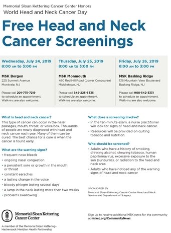 Memorial Sloan Kettering Cancer Center will be holding FREE Head and Neck Cancer Screenings in Middletown on July 25th