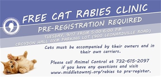 Free Cat Rabies Clinic: Tuesday, 9/17 from 5-6 PM