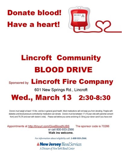 Lincroft Fire Company Blood Drive 3/13/19