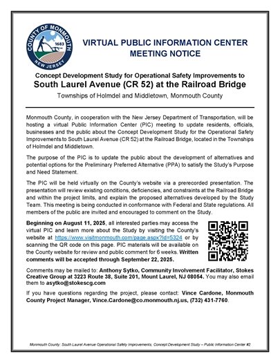 Monmouth County Virtual Public Information Notice for South Laurel Avenue at the Railroad Bridge