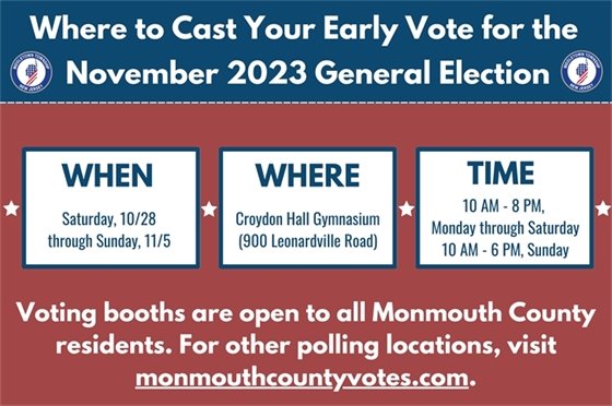 Cast your early vote in the November 2023 General Election at the Croydon Hall Gymnasium from Saturday, 10/28 through Sunday, 11/5. The times are 10 AM - 8 PM Monday through Saturday and 10 AM - 6 PM Sunday.