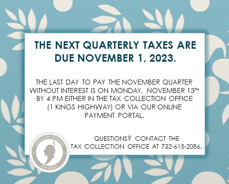 Quarterly taxes are due Wed., 11/1. The extended grace period is until 4 PM on Mon., 11/13.