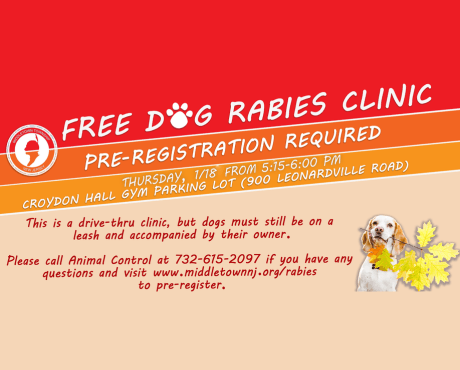 There will be a free dog rabies clinic on Thurs., 1/18 from 5:15-6:00 PM.