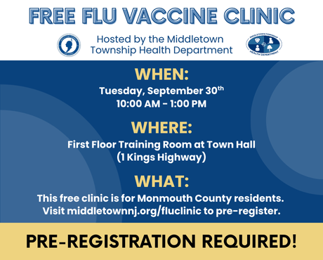 There will be a free flu clinic on Tuesday, 9/30 from 10 AM to 1 PM.