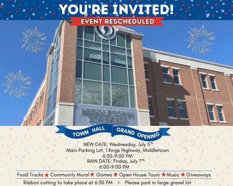 The Grand Opening of Town Hall has been moved to Wed., 7/5 from 6-9 PM. The rain date is Fri., 7/7.