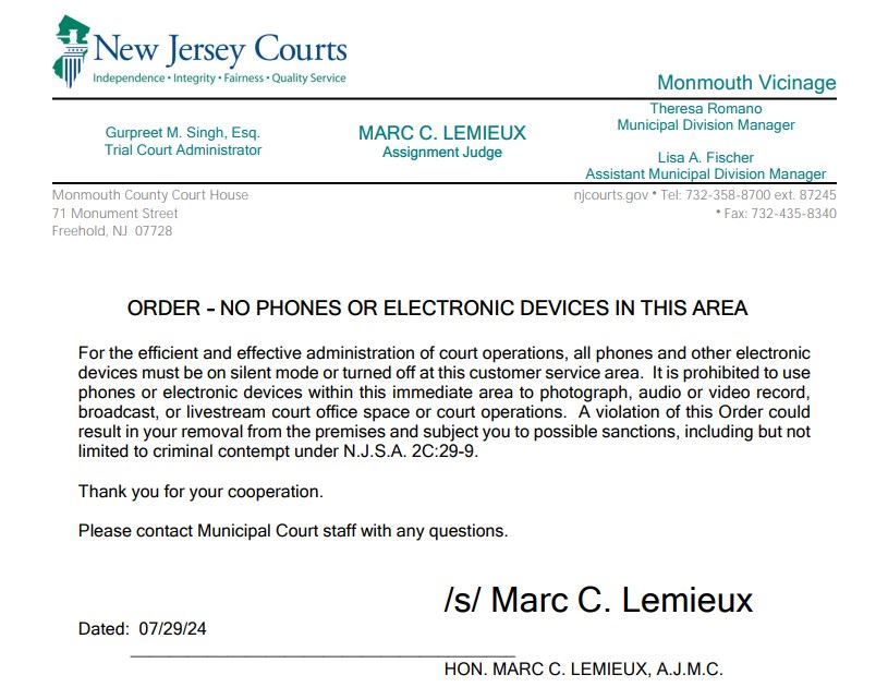 Court No Phones or Electronic Devices Order